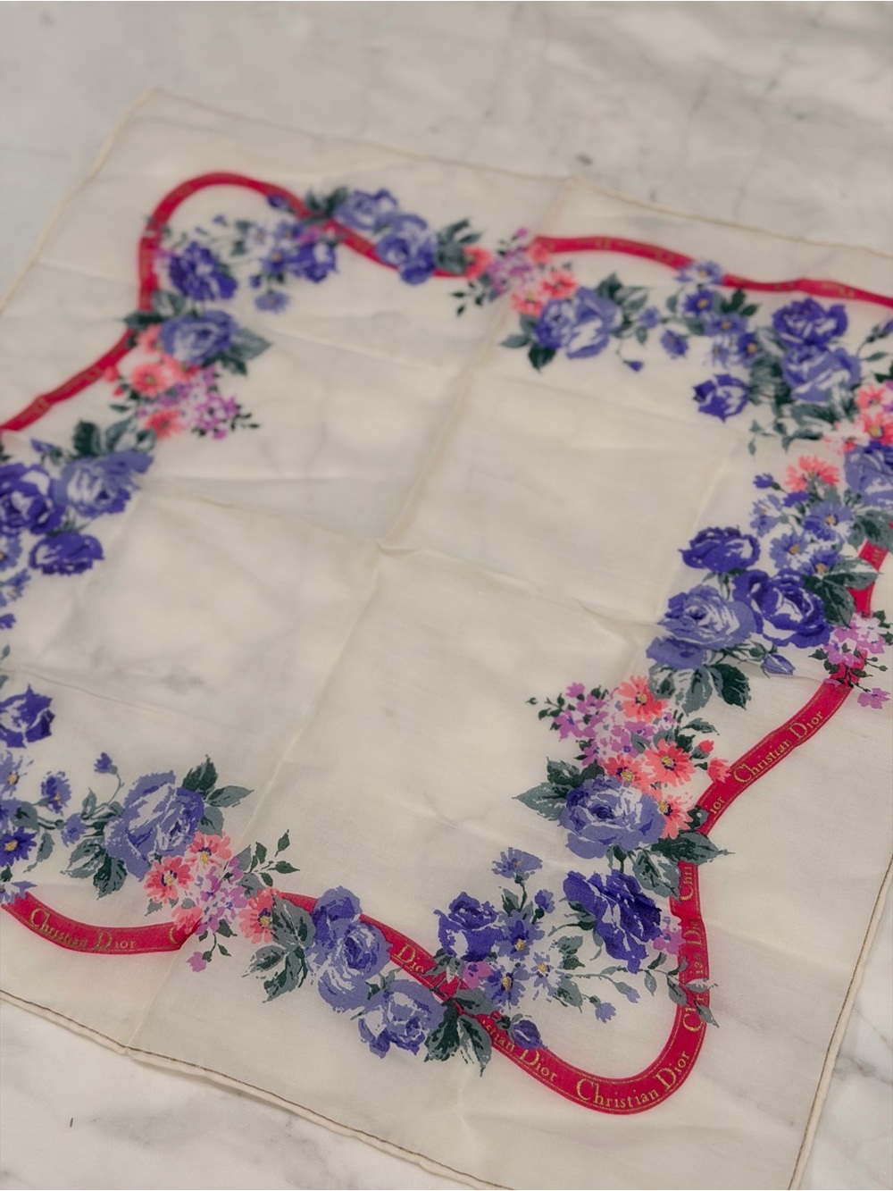 Vintage Christian Dior Ivory Silk Scarf with Purple & Pink Floral Border